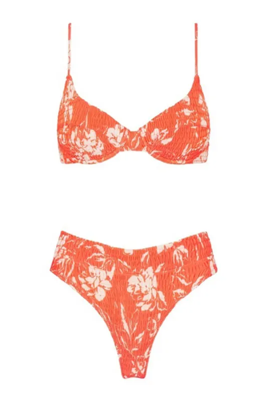 Salmon Floral Ruched High Waisted Bikini Bottom sold by Floralkini