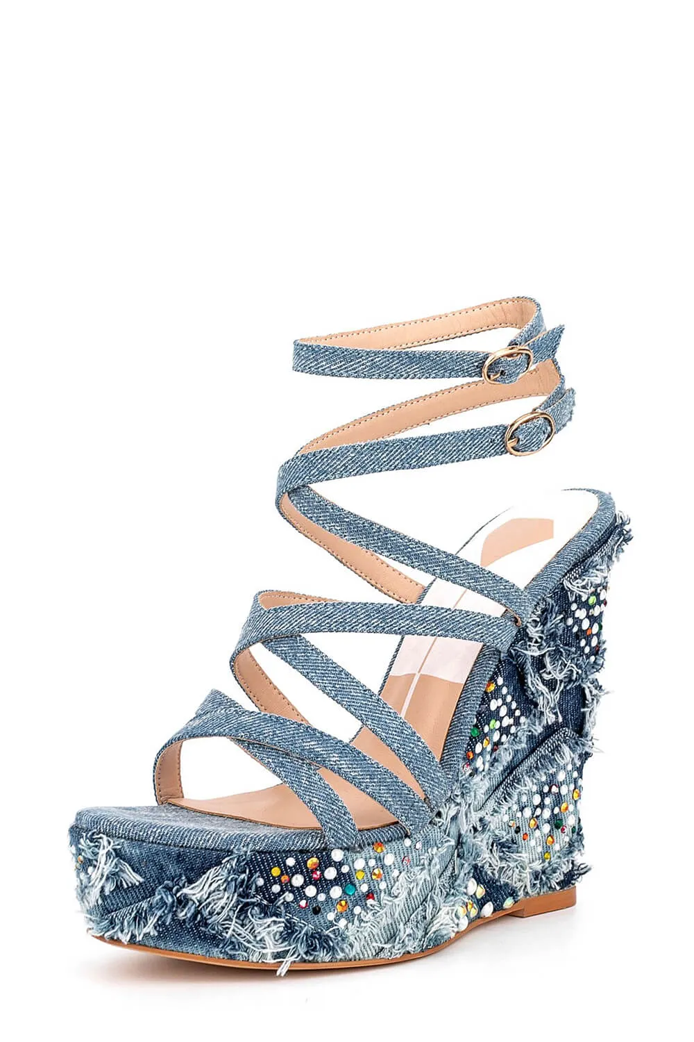 Denim Gem-Embellished Strappy Peep Toe Lace Up High Wedge Sandals sold by Floralkini product image thumbnail 4