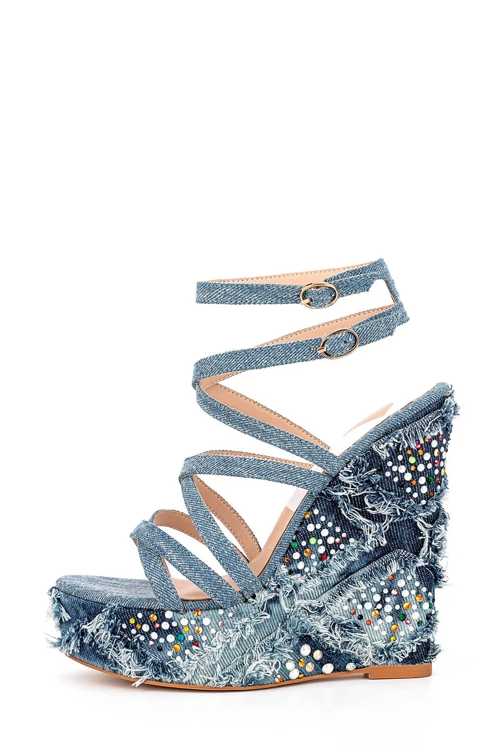 Denim Gem-Embellished Strappy Peep Toe Lace Up High Wedge Sandals sold by Floralkini
