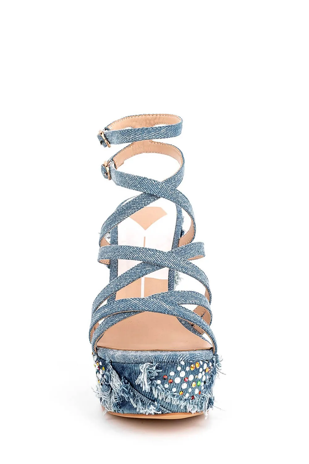 Denim Gem-Embellished Strappy Peep Toe Lace Up High Wedge Sandals sold by Floralkini product image thumbnail 2
