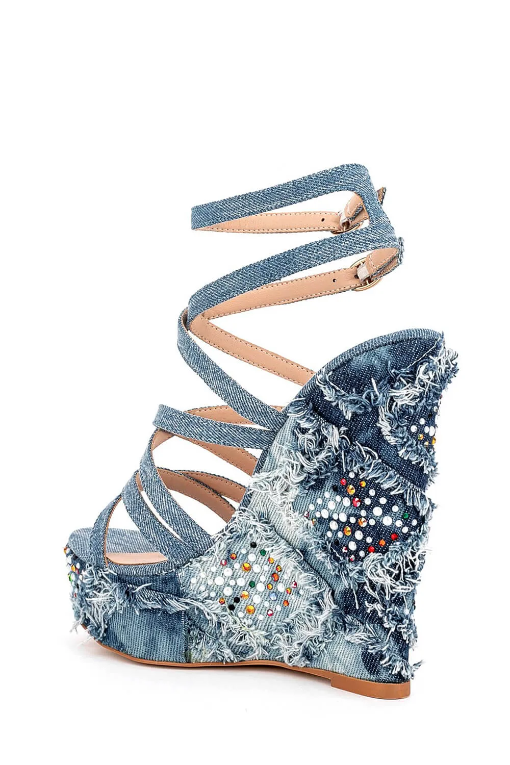 Denim Gem-Embellished Strappy Peep Toe Lace Up High Wedge Sandals sold by Floralkini product image thumbnail 3