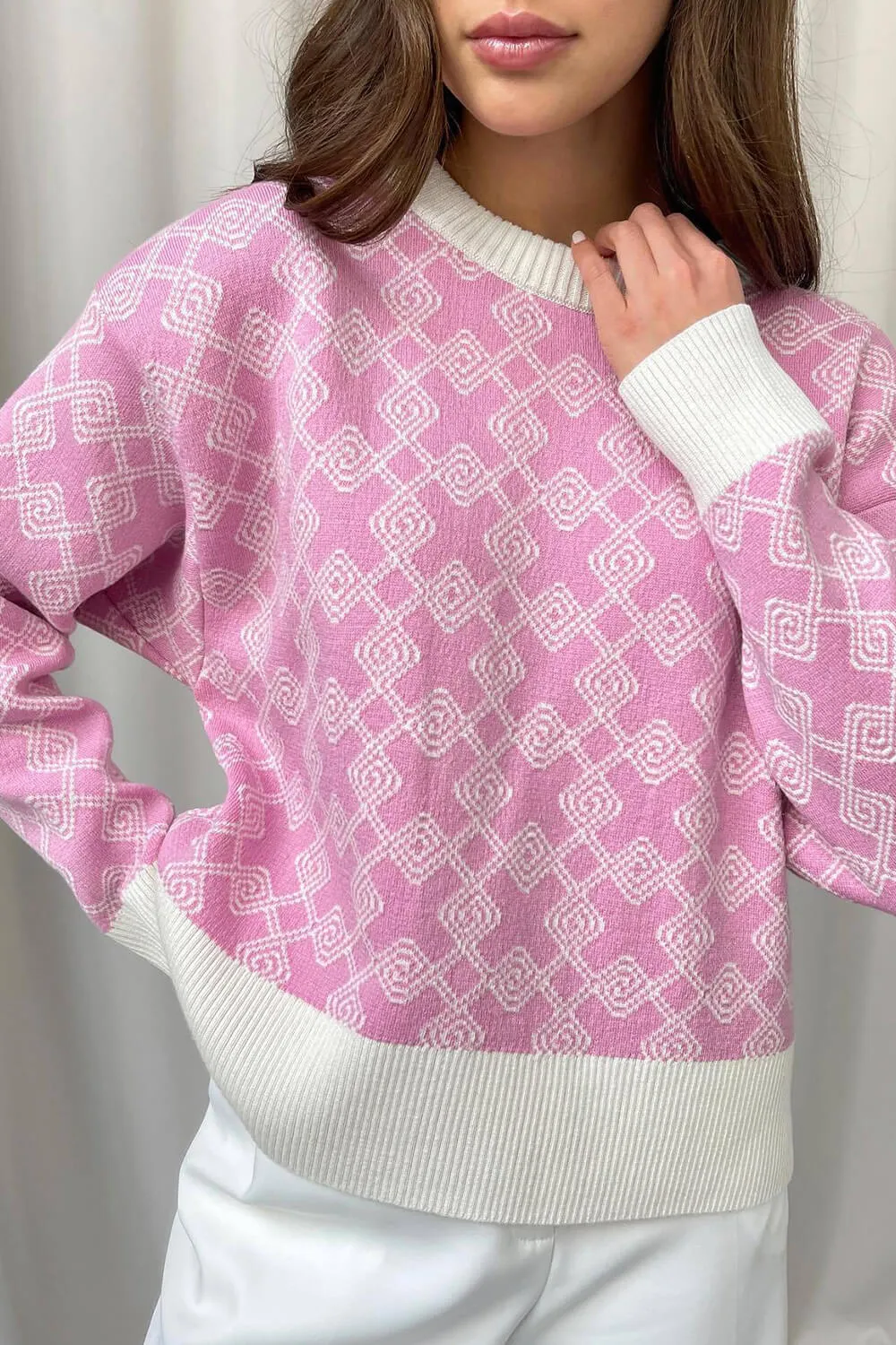 Argyle Patterned Crew Neck Cropped Knit Sweater sold by Floralkini