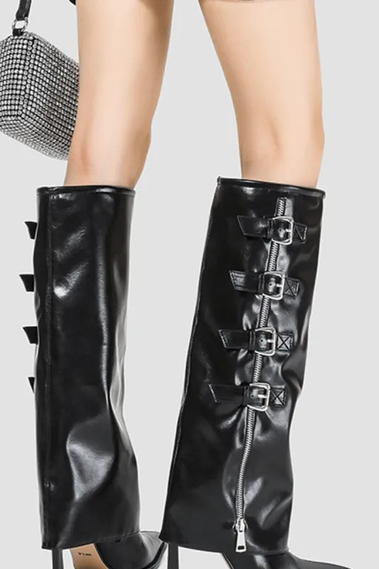 Buckle Detail Fold Over Knee-High High Heeled Boots - Black sold by Floralkini