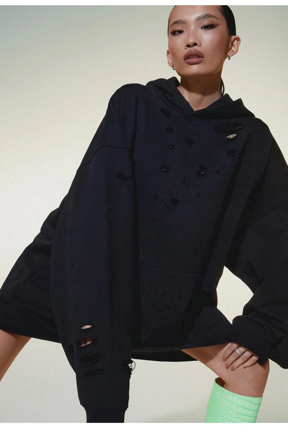 Black Distressed-Finish Oversized Pullover Hoodie sold by Floralkini