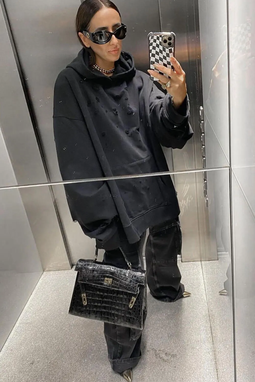 Black Distressed-Finish Oversized Pullover Hoodie sold by Floralkini product image thumbnail 4