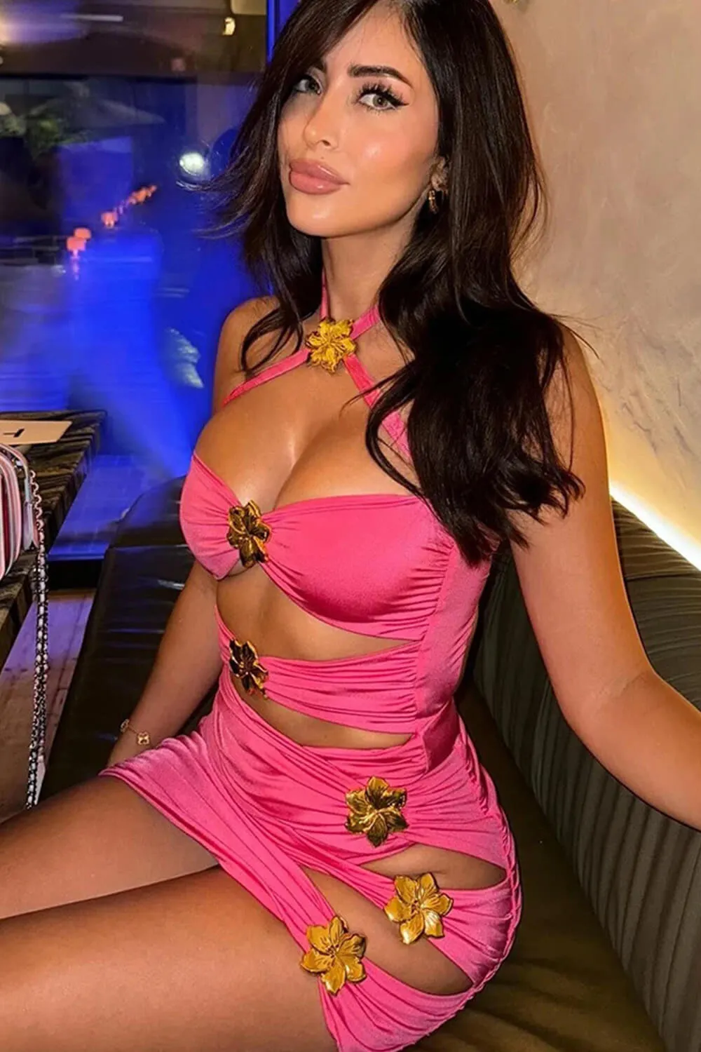 Halterneck Cut Out One Piece Swimsuit With Flower Hardware Details- Hot Pink sold by Floralkini product image thumbnail 4