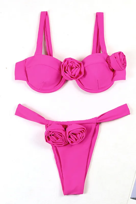Rosette Shoulder Strap Underwire High-Cut Bikini Set sold by Floralkini