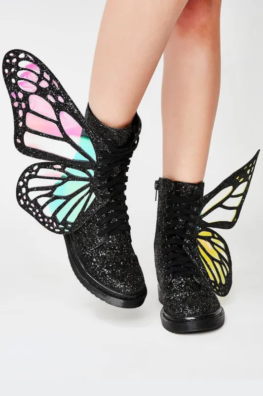 Black Metamorphic Glitter Lace Up Boots With Butterfly Wings sold by Floralkini