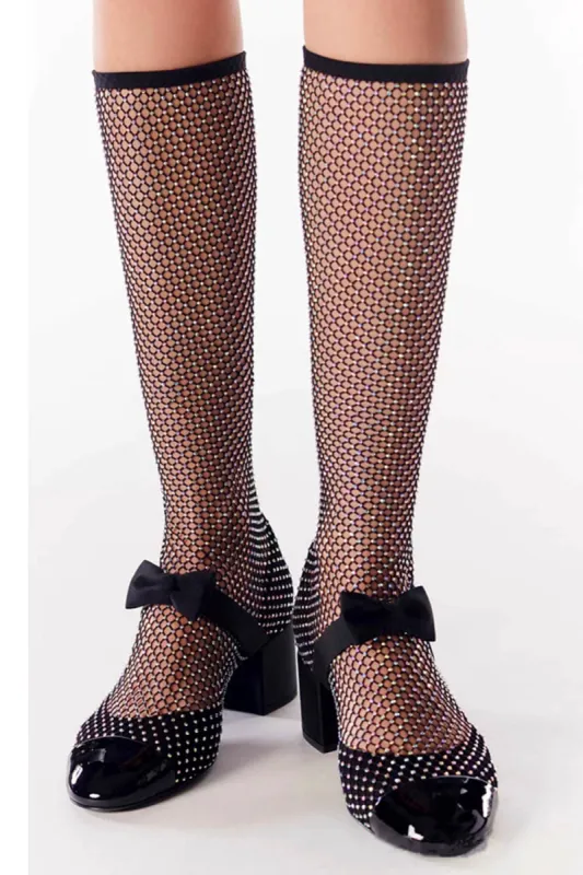 Suede Patent Diamante Fishnet Bow-Embellished Mary Jane Knee High Boots - Black & Silver sold by Floralkini