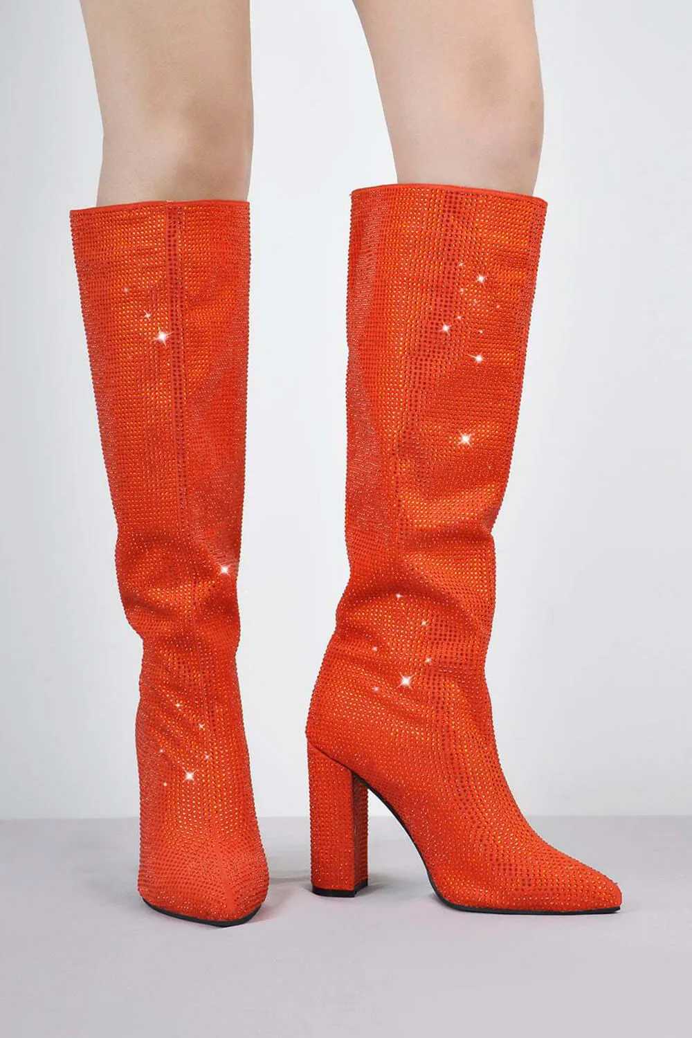 Glitter Knee High Pointed Toe Block Heeled Boots - Orange sold by Floralkini