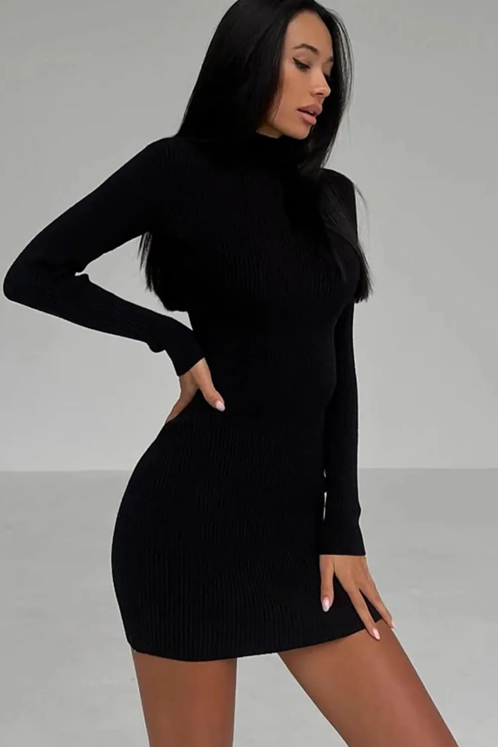 High Neck Long Sleeves Rib Knit Mini Sweater Dress sold by Floralkini