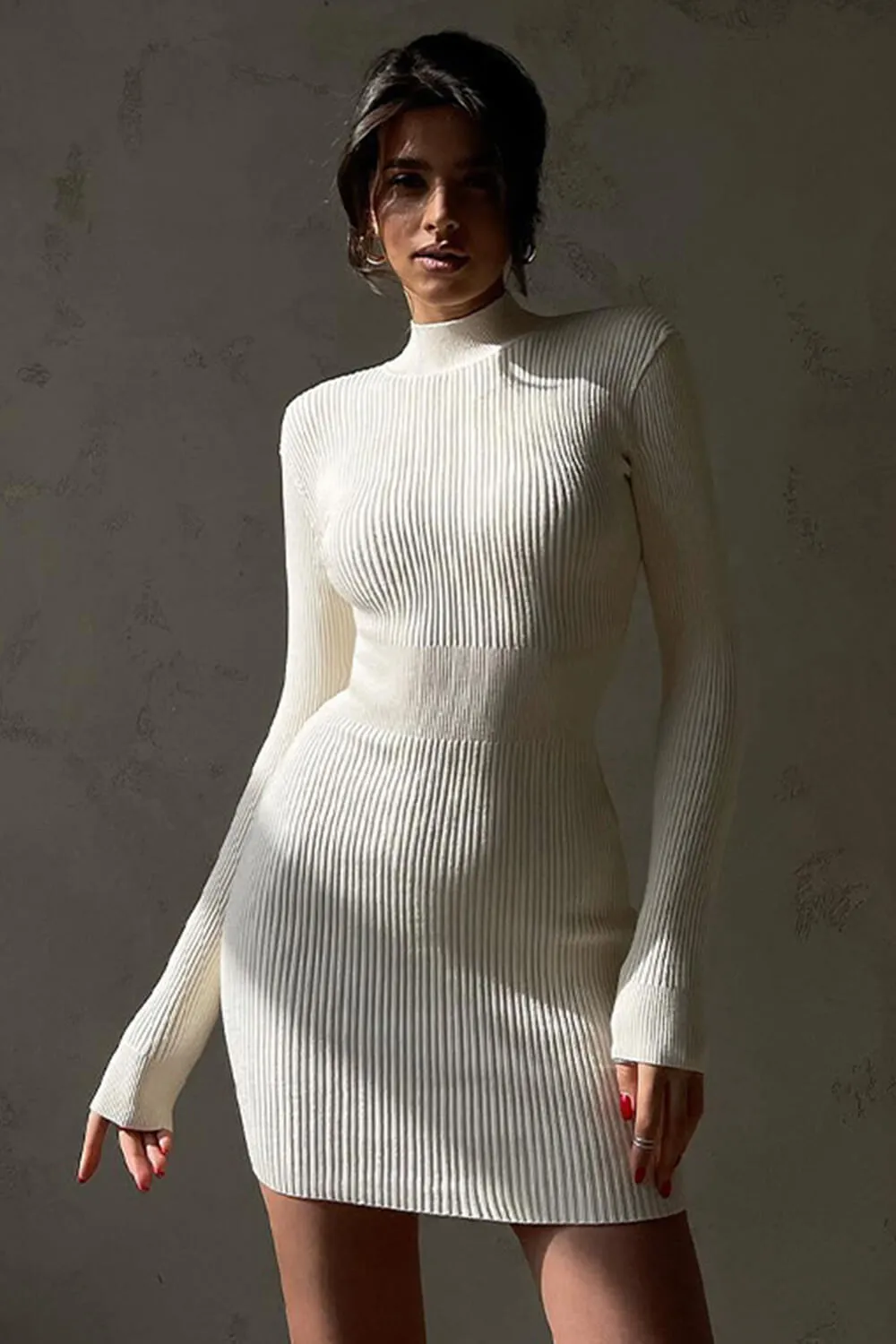 High Neck Long Sleeves Rib Knit Mini Sweater Dress sold by Floralkini product image thumbnail 2