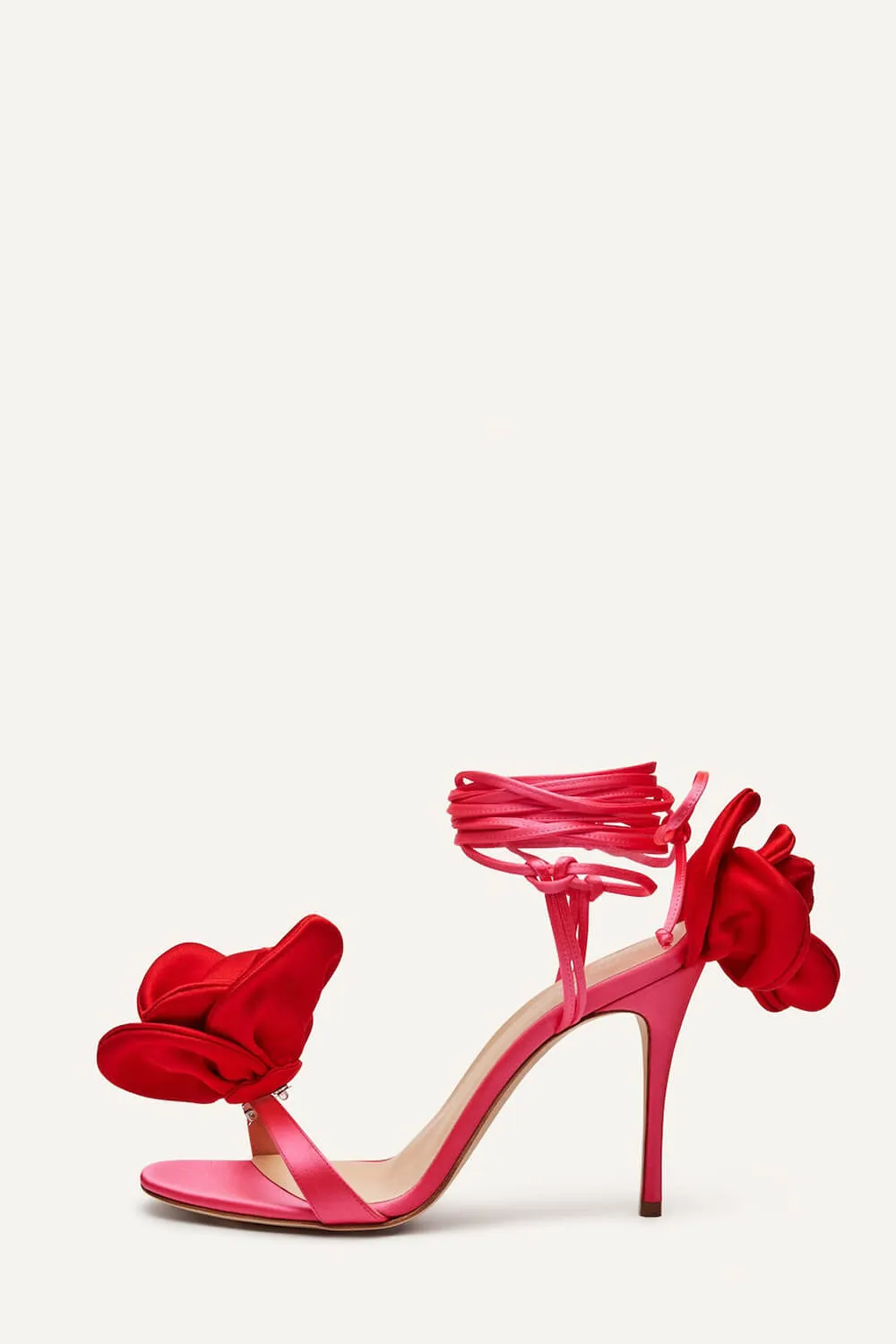 Flower Embellished Satin Lace Up Open Toe Stiletto Heels Sandals - Red sold by Floralkini
