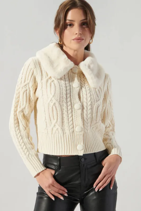 Flurry Fur Collar Button Up Cable Knit Cropped Cardigan sold by Floralkini