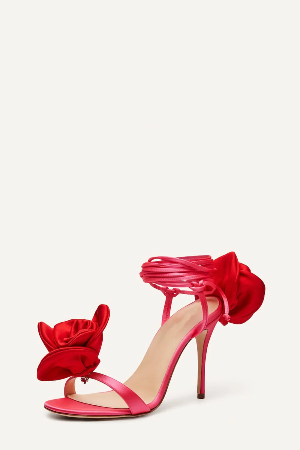 Flower Embellished Satin Lace Up Open Toe Stiletto Heels Sandals - Red sold by Floralkini product image thumbnail 2