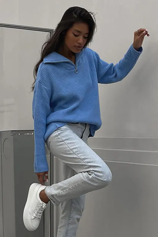 Collared Half Zip Neck Rib Knit Sweater - Seashell/Dodgerblue/Green sold by Floralkini