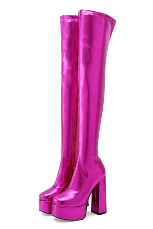 Metallic Faux Leather Platform Block Heel Thigh High Boots - Hot Pink sold by Floralkini