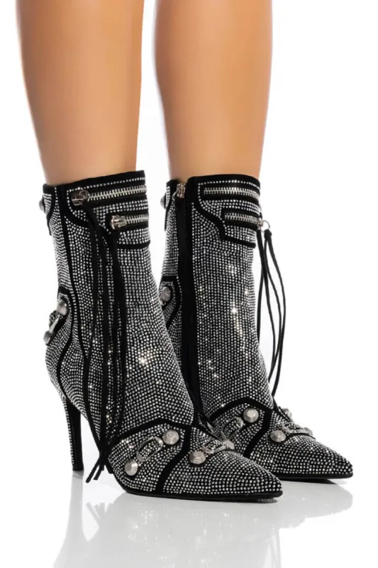 Rhinestone Embellished Faux Suede Pointed Toe Ankle Stiletto Boots With Studs And Pin Buckle Strap Details sold by Floralkini