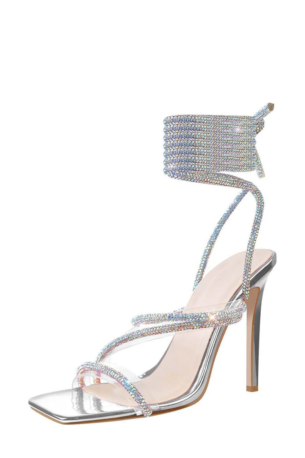 Silver Clear Lace Up Embellished Coil Open Square High Heels sold by Floralkini product image thumbnail 4