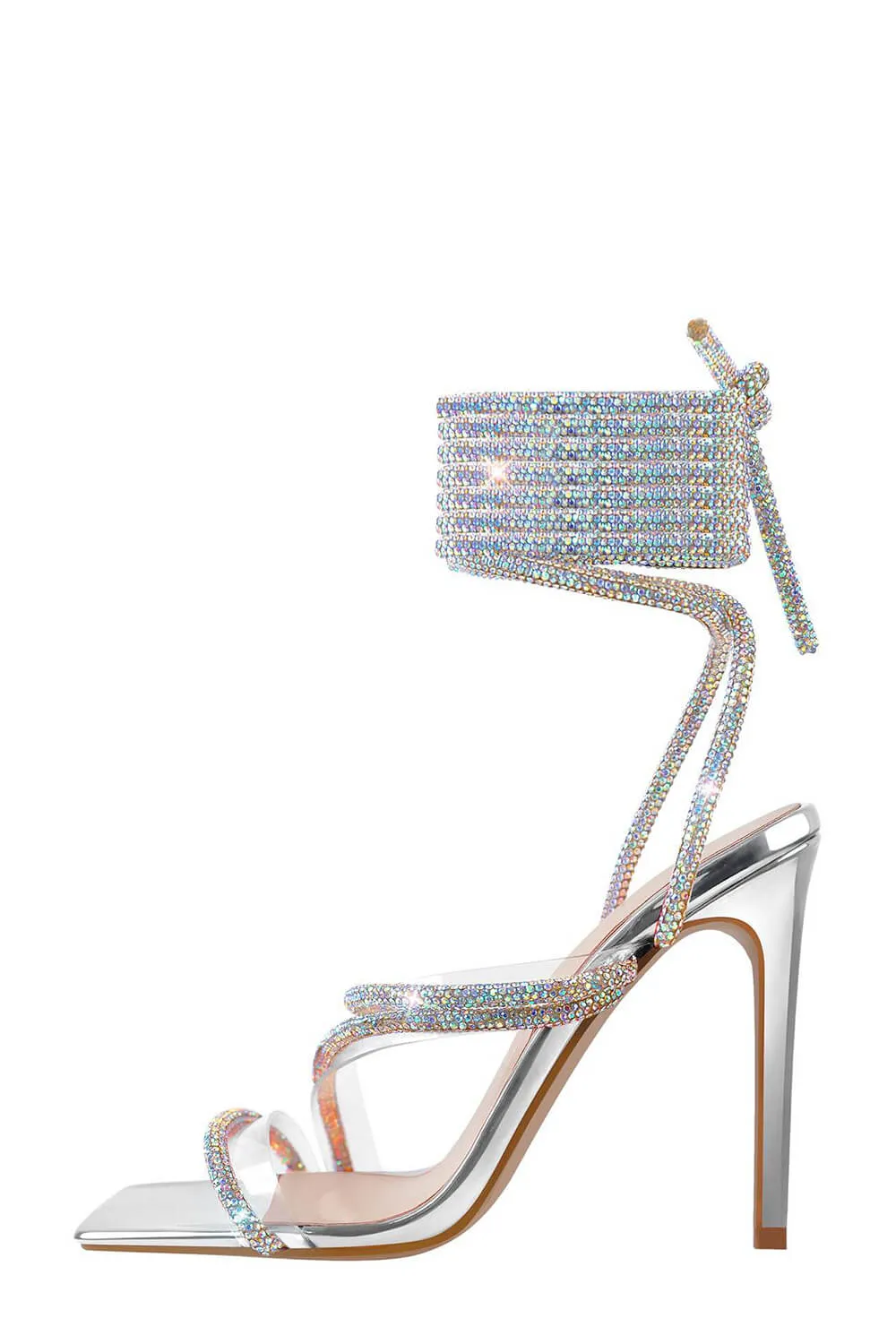 Silver Clear Lace Up Embellished Coil Open Square High Heels sold by Floralkini product image thumbnail 5