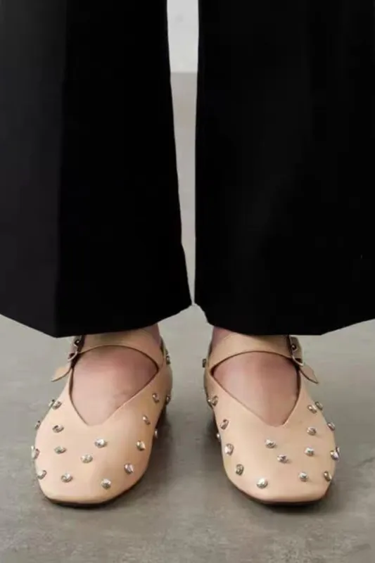 Faux Leather Crystal-Embellished Buckled Ballet Flats - Nude sold by Floralkini