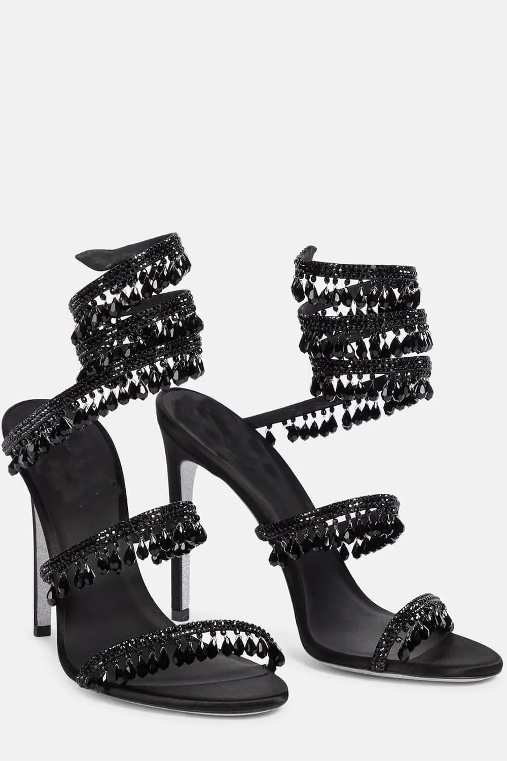 Crystal Chandelier Embellished Faux Satin Wraparound Self-Tie Slingback Sandals - Black sold by Floralkini product image thumbnail 5