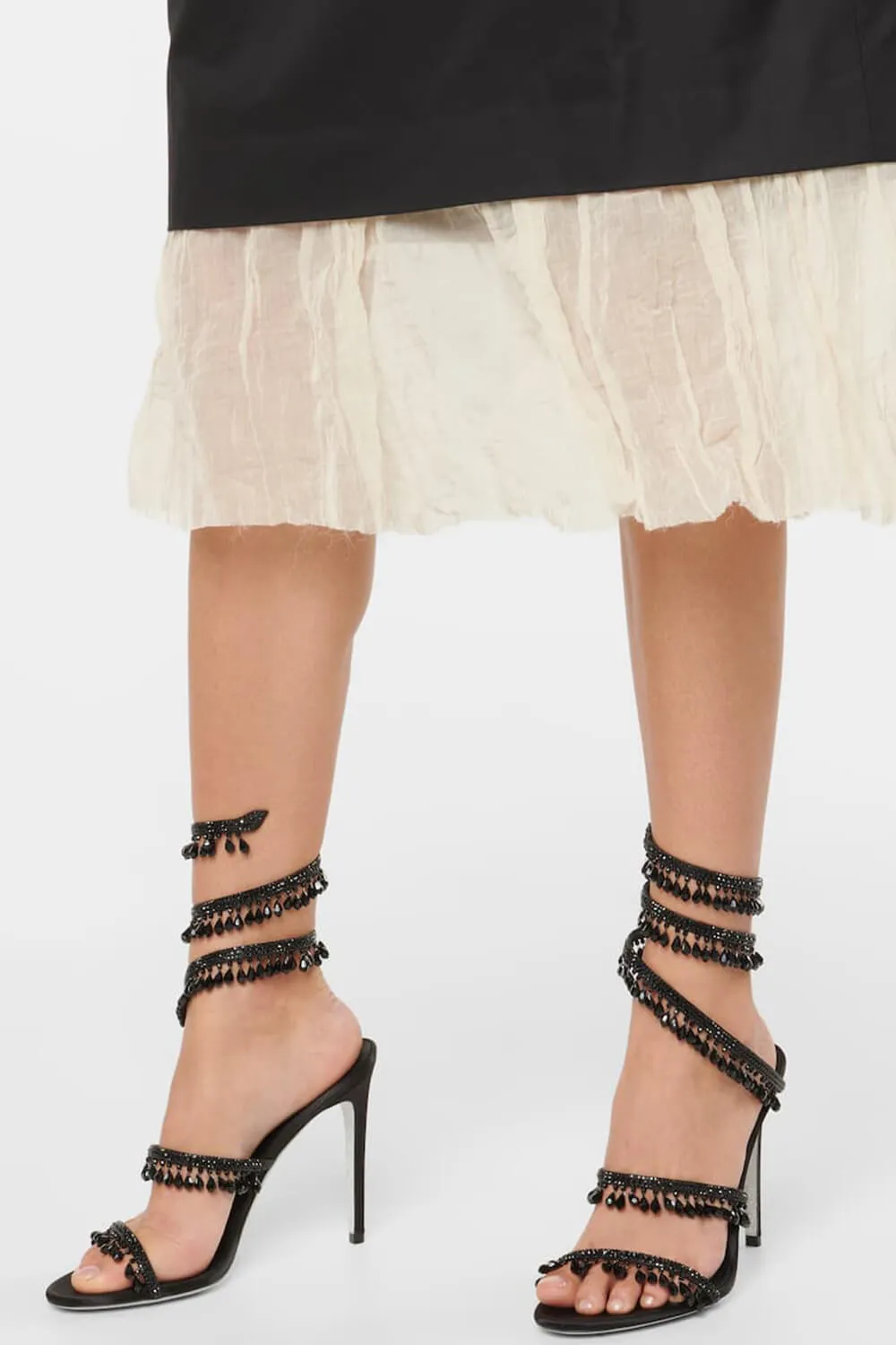 Crystal Chandelier Embellished Faux Satin Wraparound Self-Tie Slingback Sandals - Black sold by Floralkini