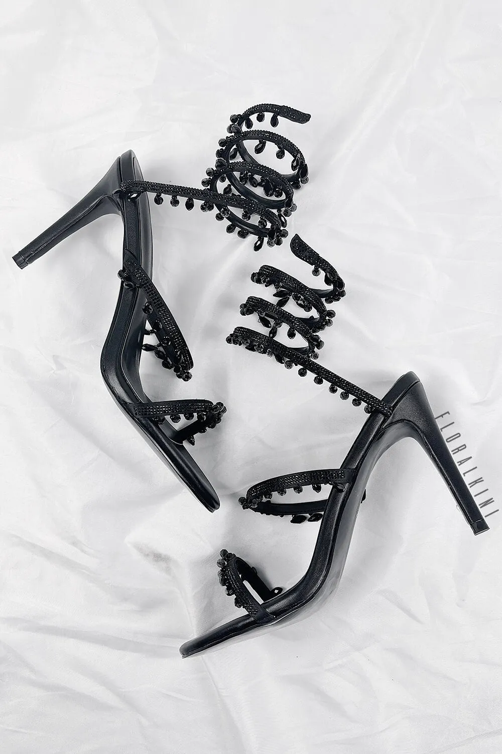 Crystal Chandelier Embellished Faux Satin Wraparound Self-Tie Slingback Sandals - Black sold by Floralkini product image thumbnail 2