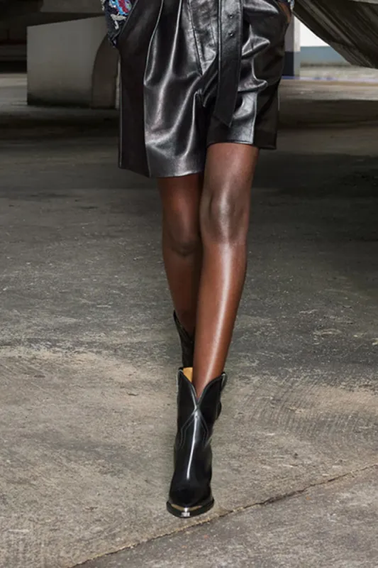 Faux Leather Cowboy Pointed Toe Block Heeled Ankle Boots - Black sold by Floralkini