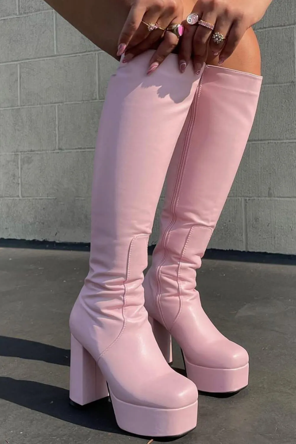 Pink Chunky Platform Block Heel Knee High Boots sold by Floralkini product image thumbnail 2