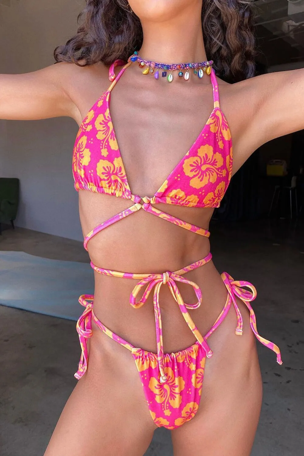 Hibiscus Print Halter String Wrap Around Triangle Bikini Set sold by Floralkini