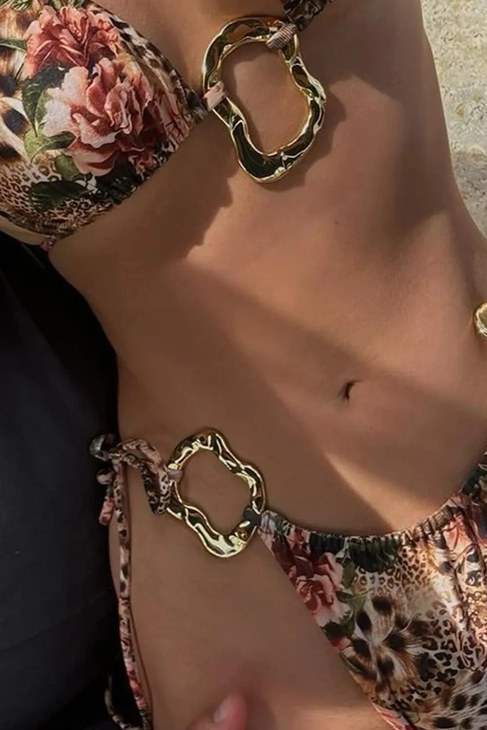 Halter Triangle Tie Side Bikini Set With Gold Hardware Details - Leopard Rose sold by Floralkini product image thumbnail 4