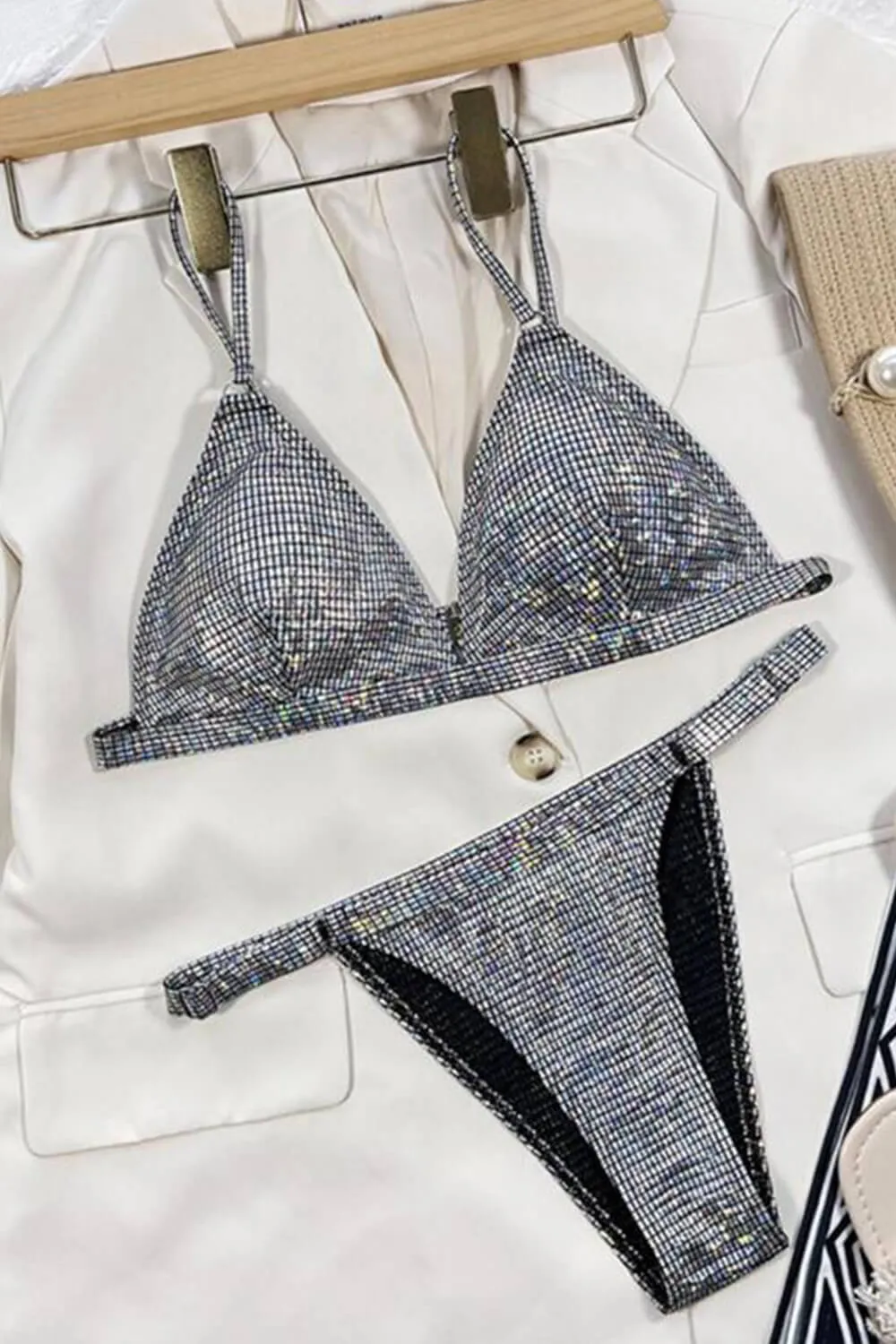 Metallic Silver Ring Triangle Thong Bikini Set sold by Floralkini product image thumbnail 2