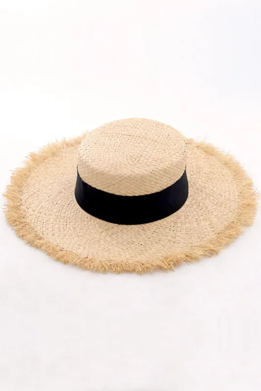 Black Trimmed Raffia Straw Flat Boater sold by Floralkini