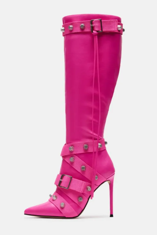 Pointed Toe Knee-High Stiletto Boots With Studs And Pin Buckle Strap Details - Hot Pink sold by Floralkini