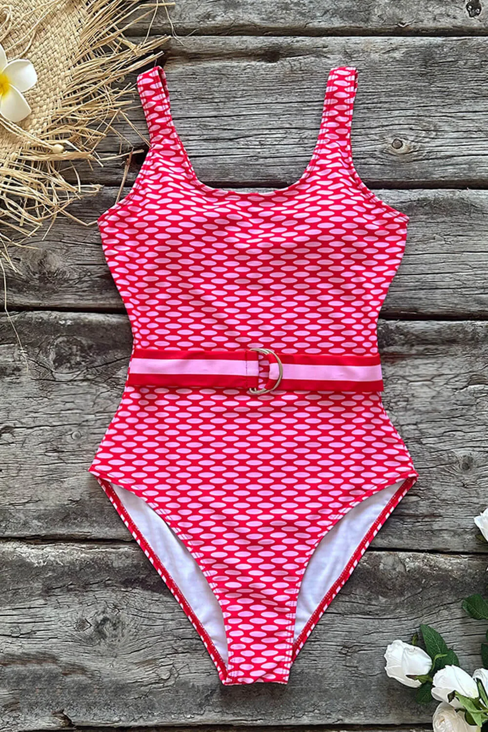 White Pink Contrast Belted One Piece Swimsuit sold by Floralkini product image thumbnail 2