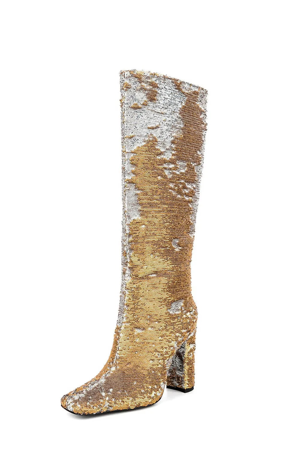 Sequin Knee High Square Toe Block Heel Long Boots - Yellow sold by Floralkini product image thumbnail 2