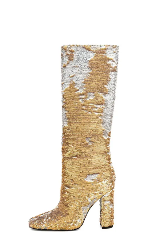 Sequin Knee High Square Toe Block Heel Long Boots - Yellow sold by Floralkini