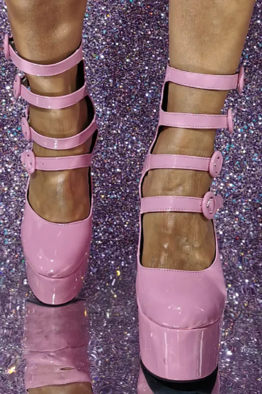 Pink Patent Strappy Bow Round Toe Platform Mary Jane Heels sold by Floralkini