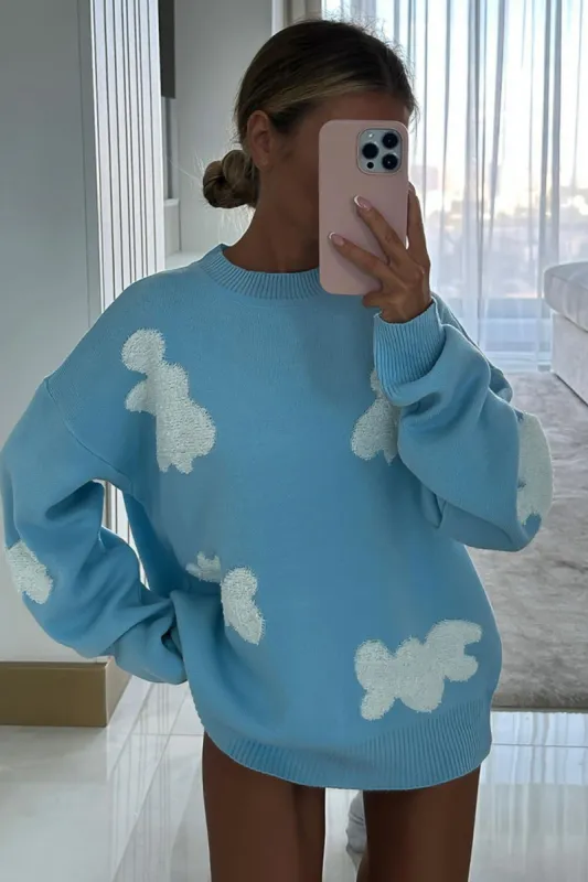 Cloud Pattern Crew Neck Knit Jumper sold by Floralkini