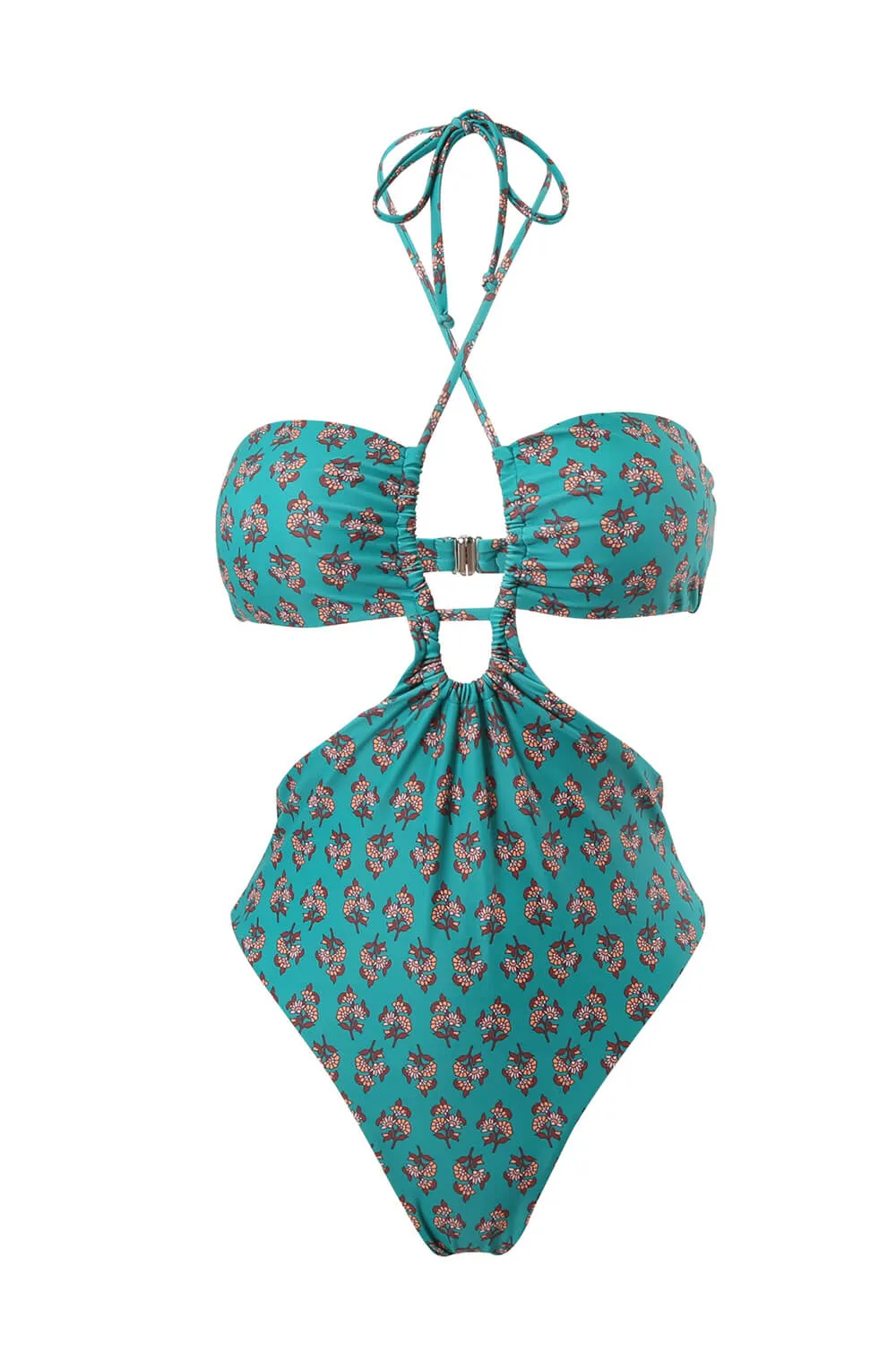 Floral Printed Cutouts Halter One Piece Swimsuit - Green sold by Floralkini