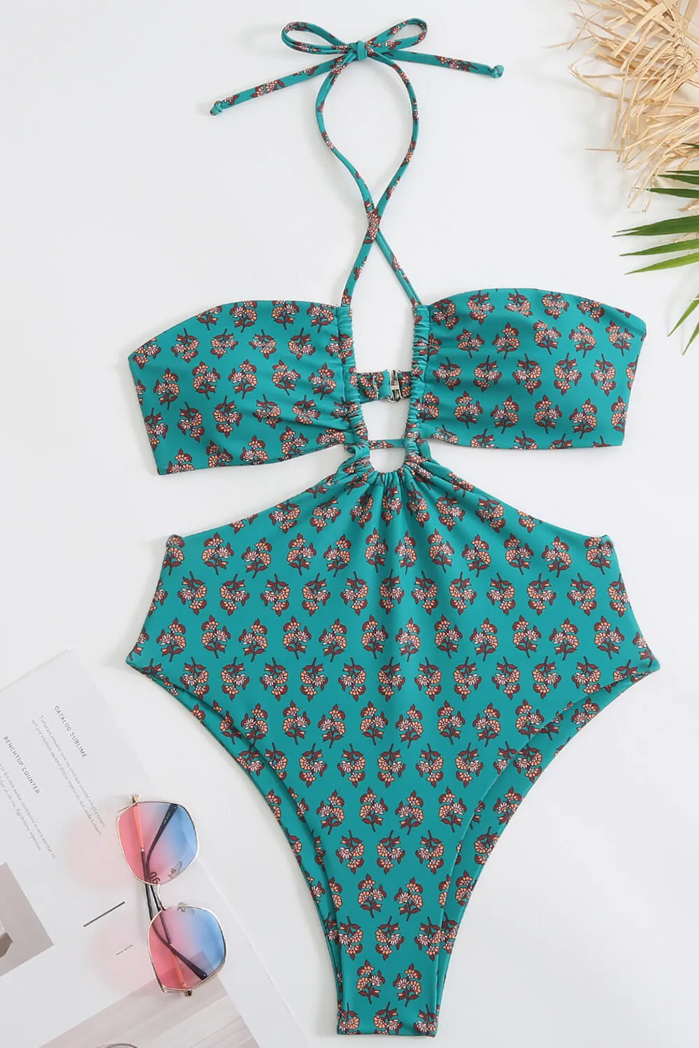 Floral Printed Cutouts Halter One Piece Swimsuit - Green sold by Floralkini product image thumbnail 2