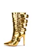 Multi Buckle Pointed Toe Ankle High Heel Boots - Metallic Gold sold by Floralkini