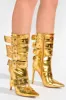 Multi Buckle Pointed Toe Ankle High Heel Boots - Metallic Gold sold by Floralkini
