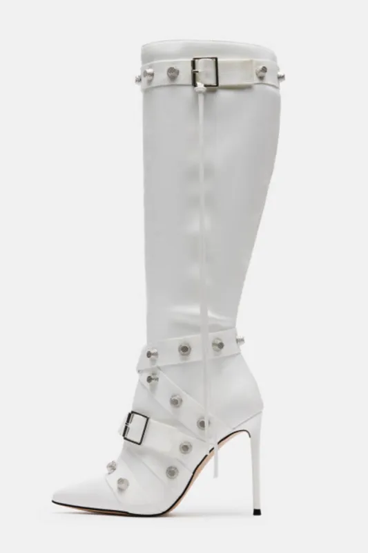 Pointed Toe Knee-High Stiletto Boots With Studs And Pin Buckle Strap Details - White sold by Floralkini
