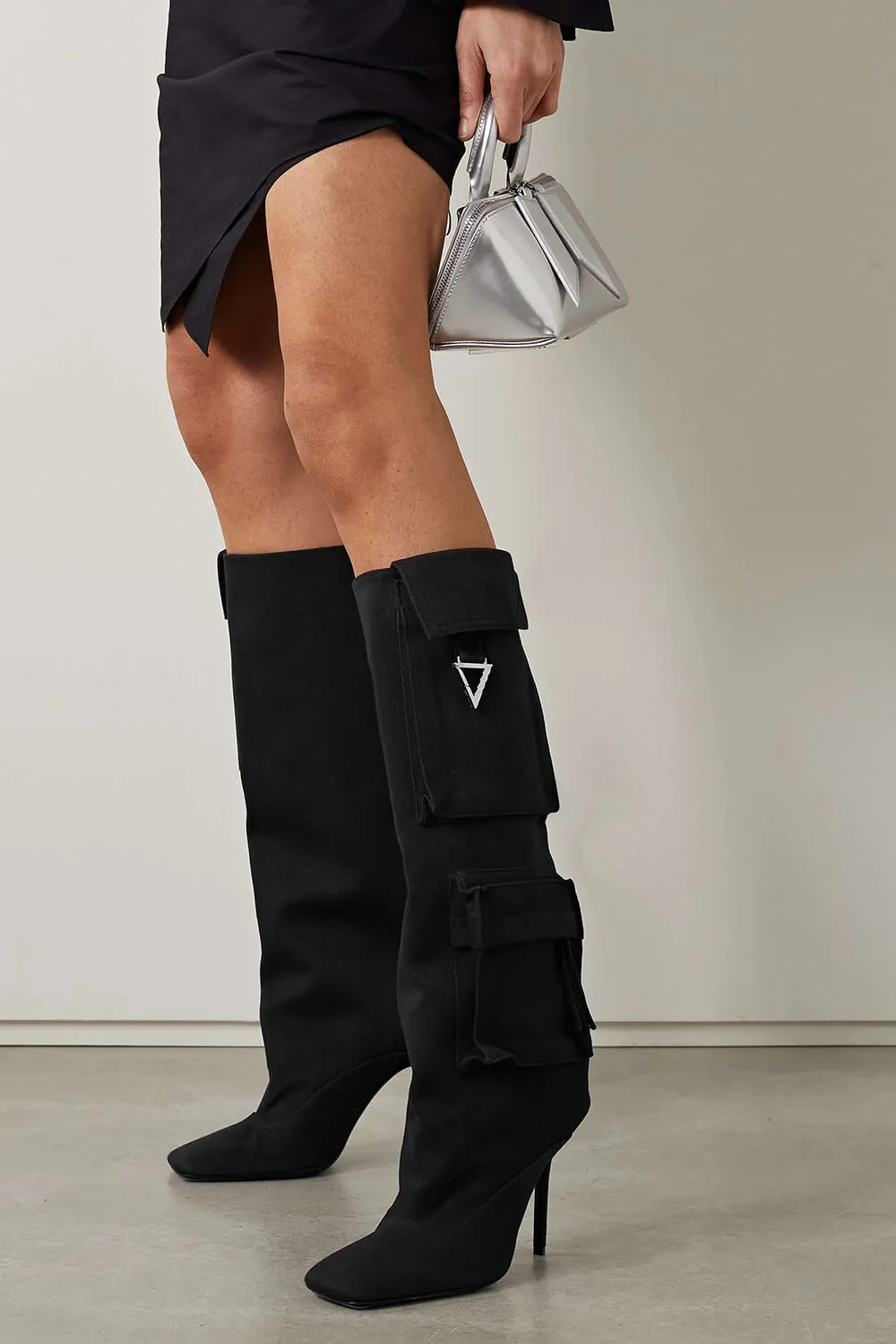 Denim Flap Pocket Embellished Square Toe Knee-High Stiletto Heeled Boots - Black sold by Floralkini