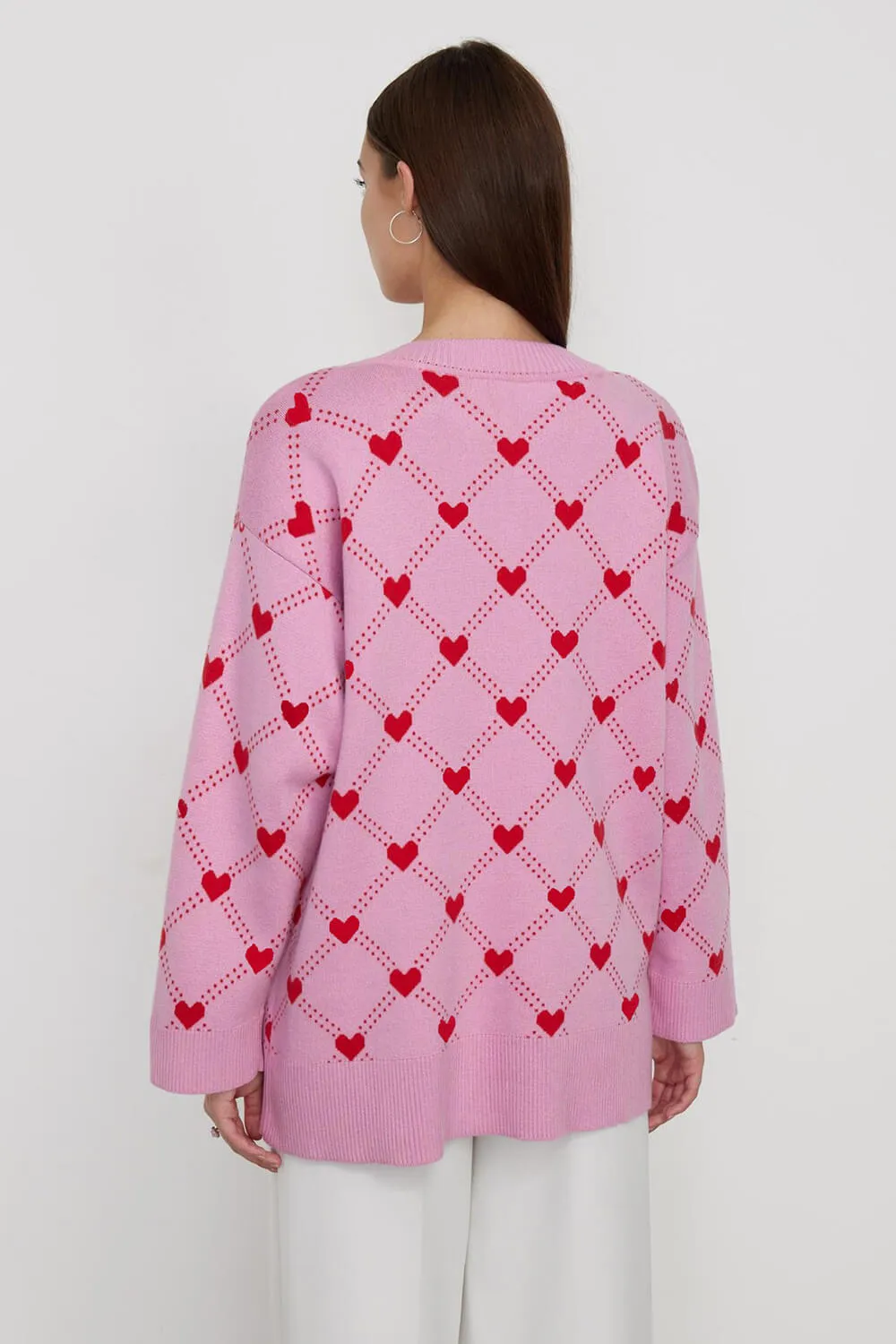 Heart Print Button Up Pouch-Pocket V Neck Knit Cardigan sold by Floralkini product image thumbnail 3