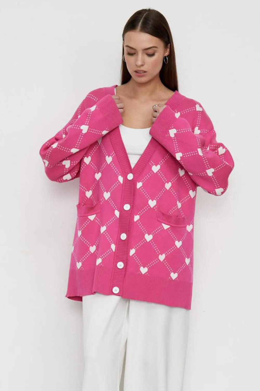 Heart Print Button Up Pouch-Pocket V Neck Knit Cardigan sold by Floralkini product image thumbnail 4