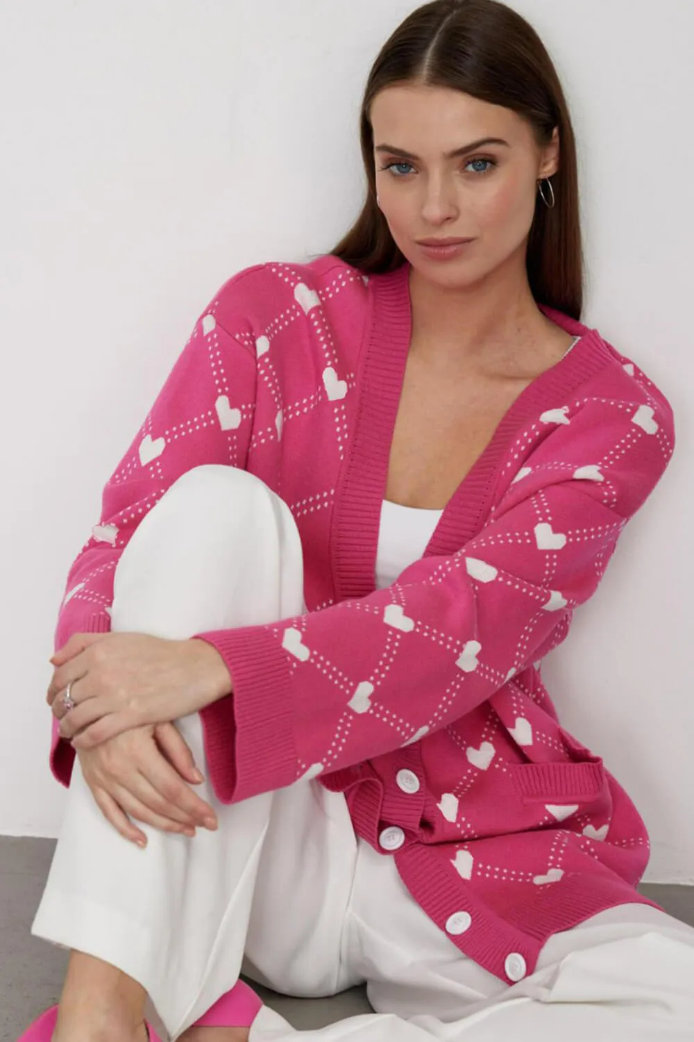 Heart Print Button Up Pouch-Pocket V Neck Knit Cardigan sold by Floralkini