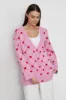 Heart Print Button Up Pouch-Pocket V Neck Knit Cardigan sold by Floralkini